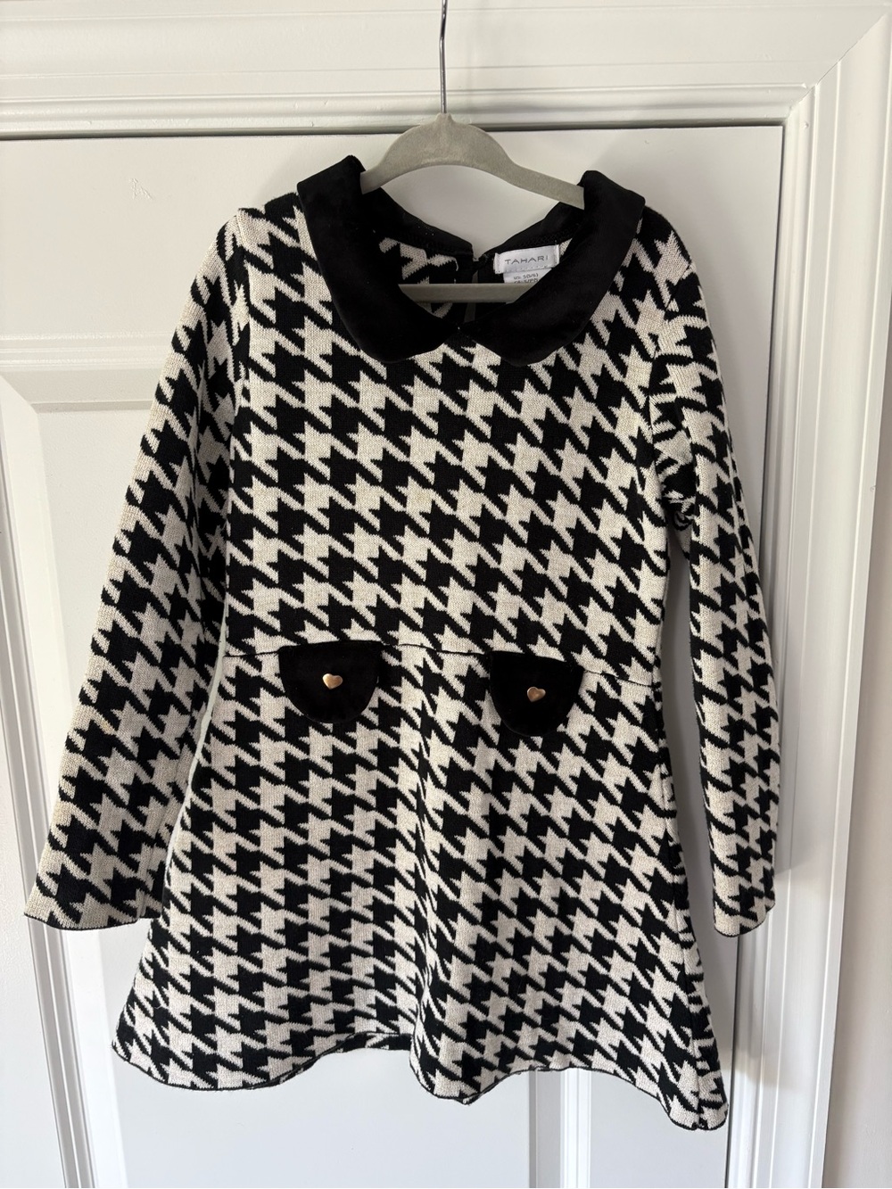 Tahari Girls 5/6 Houndstooth Knit Sweater Dress Black White Preppy